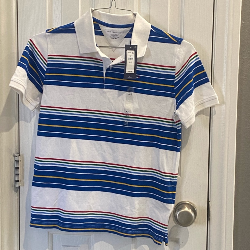Tommy Hilfiger White Polo with Blue, Red & Yellow Stripes